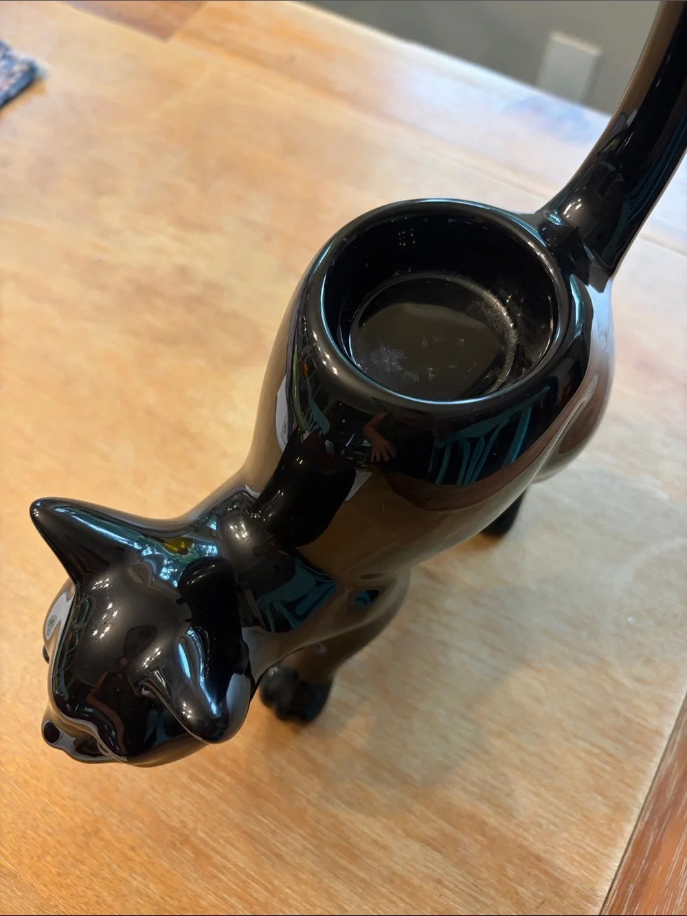 Glossy Black Ceramic Cat Tea Light Holder - Partylite